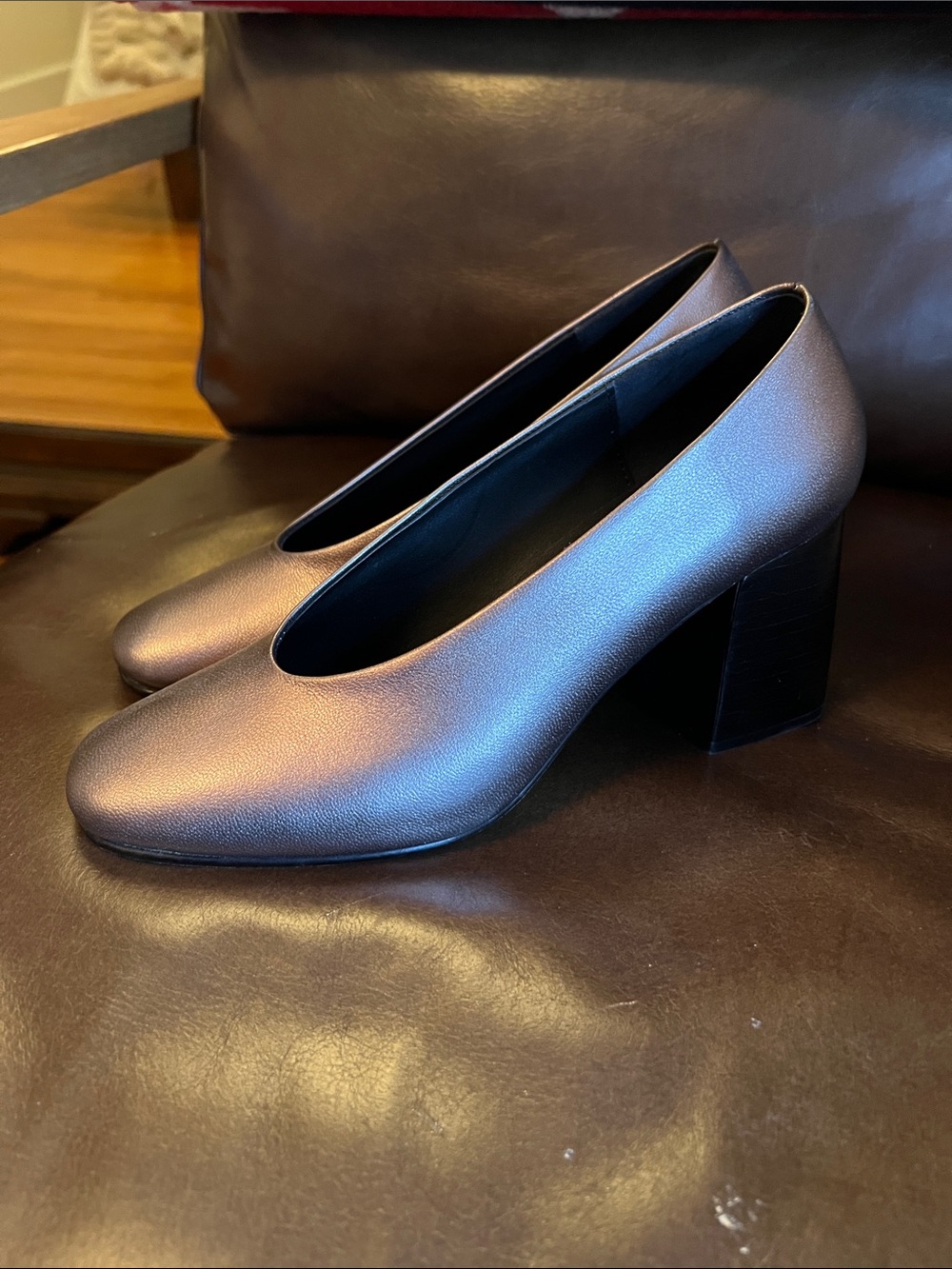 Iridescent Gray Block Heel Pumps
